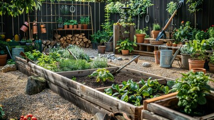 Backyard Garden with Raised Beds and Plants.