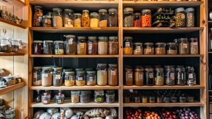 Bulk Food Storage in Glass Jars on Wooden Shelves.