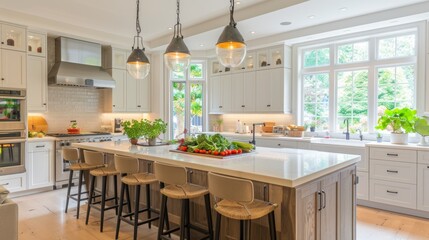 Modern Kitchen Island with White Cabinets and Natural Light.