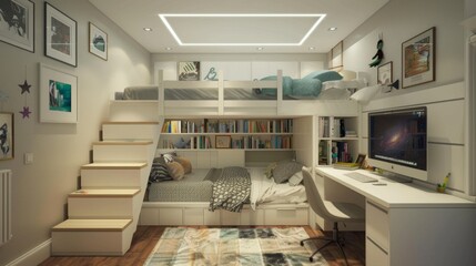 Modern Kids Bedroom with Bunk Bed and Desk.
