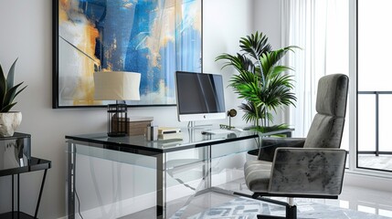 Modern Home Office Desk with Glass Top and Black Chair.