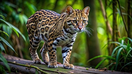 Agile ocelot moving silently through forest undergrowth at dusk, ocelot, agile, stealth, forest, undergrowth, dusk, wild