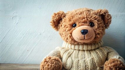 Obraz premium Adorable of a brown teddy bear plushie with a cozy sweater, teddy bear, plushie, cute, adorable, , toy, brown, cozy, sweater, cuddly