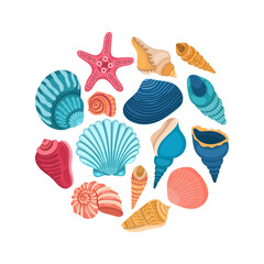 Set of different sea shells on a white background. Summer collection, illustration