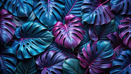 Obraz premium Background with dark blue and purple monstera leaves, monstera, leaves, dark blue, purple, background, nature, tropical, foliage