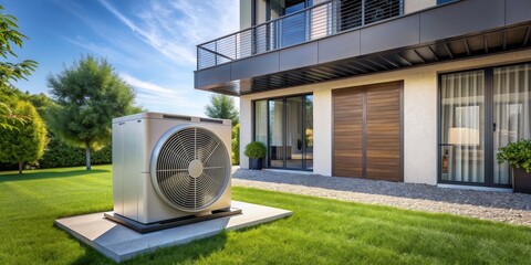 Contemporary residence with adjacent heat pump, off-center composition and ample negative space