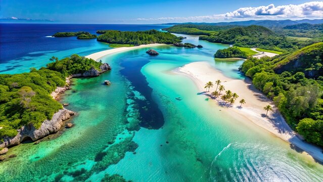 Aerial view of crystal clear waters and white sandy beaches of Weekuri Lagoon, Sumba Island, Indonesia