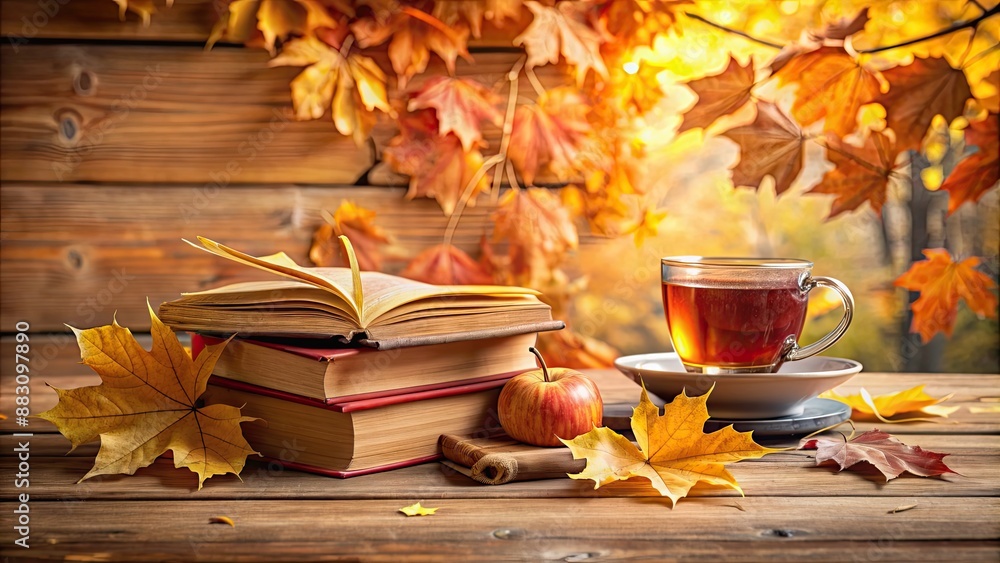 Sticker Autumn still life composition with books, leaves, and hot tea on wooden table, autumn, still life, books, leaves, hot tea, cozy