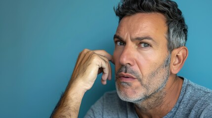 Obraz premium A middle-aged man with a beard looks inquisitively towards the camera, his hand resting near his face, against a blue backdrop, highlighting a serious thoughtful mood.