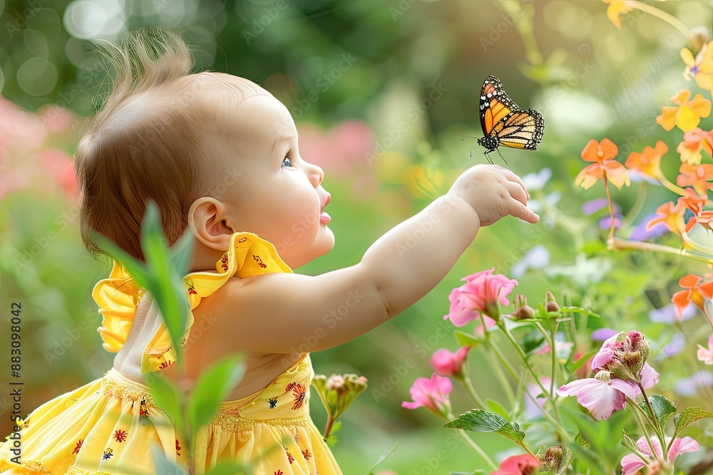 Canvas Prints a little girl in a yellow dress holding a butterfly