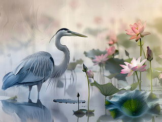 Naklejka premium Heron by the lake with blooming lotuses on the ombre background. Illustration for wallpaper, wall decor, poster, card, invitation.