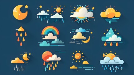 A colorful set of weather icons, including sun, moon, clouds, rain, rainbow and more. Perfect for weather apps, websites, and presentations.