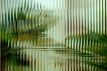 Green palm with reeded glass. Clear abstract texture. Premium modern style. Frosted glass with window reflection. White Ribbed Background.
