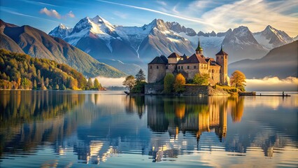 Ancient castle floating on a lake with stunning mountain views, castle, lake, mountains, scenic, landscape, water