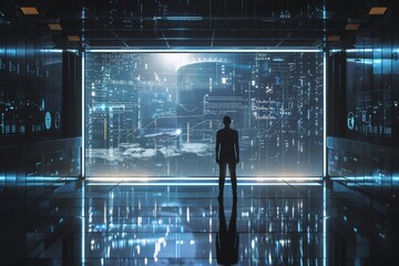 silhouette of man and blue neon data screen, cybersecurity tools and protocols, minimalist digital environments or security operation centers, showcasing the importance of safeguarding digital assets