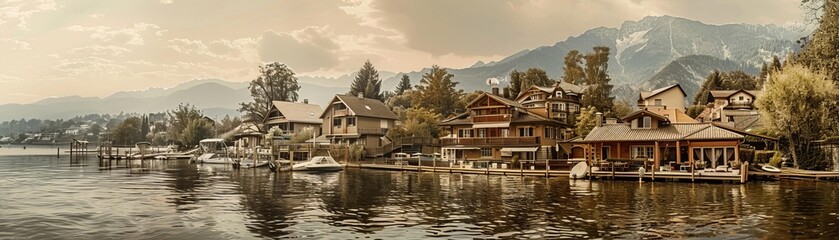 Obraz premium Aerial perspective of a picturesque lakeside town with charming houses and boats, Vintage, Sepia, Sketch, nostalgic and peaceful lakeside living