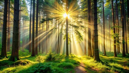Background of a tranquil forest with sun rays filtering through the trees , nature, trees, forest, sunlight, tranquil