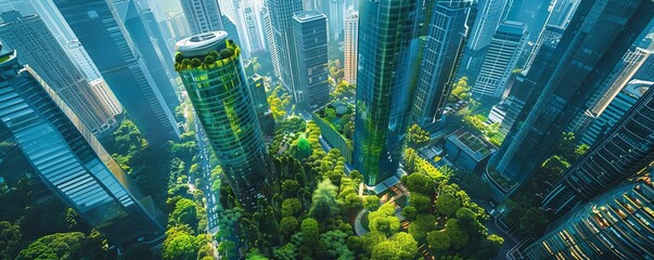 Aerial perspective of a bustling cityscape with modern architecture and green spaces, Futuristic, Hologram, Digital painting, innovative and vibrant urban life
