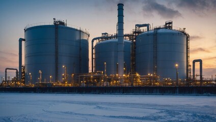 Obraz premium Oil supply. large white steel reservoirs of a tank farm for mineral oil at a canal. 