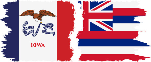 Hawaii and Iowa states grunge brush flags connection, vector