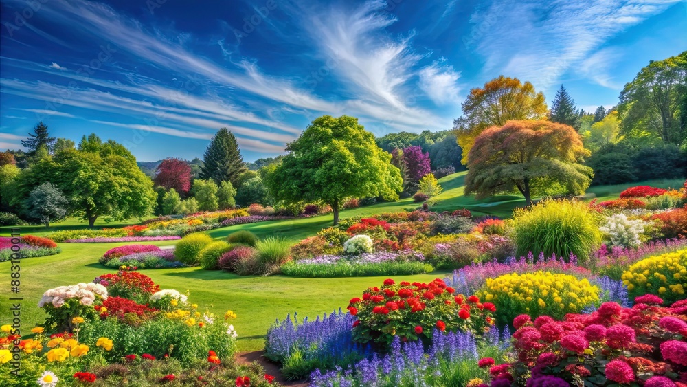 Wall mural Beautiful landscape with colorful flowers, green trees, and a clear blue sky , Nature, beauty, sight, behold, landscape