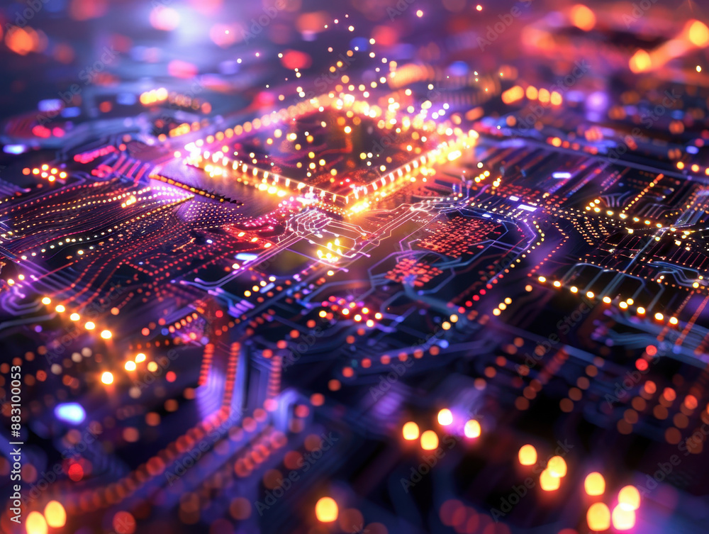 Poster close-up of futuristic glowing computer motherboard with circuits and microchips in vibrant colors