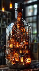 A unique view of the interior of a bottle containing a miniature steampunk city with glowing gears