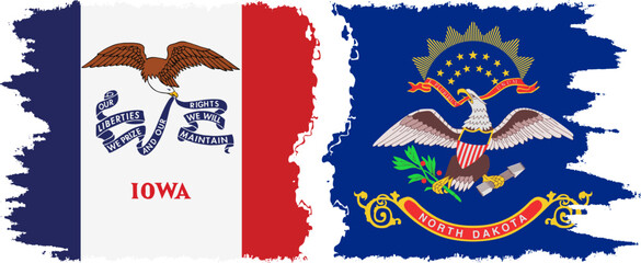 North Dakota and Iowa states grunge brush flags connection, vector
