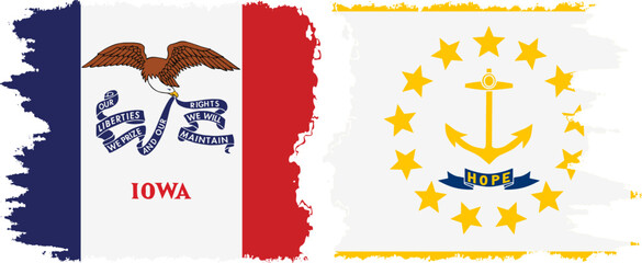 Rhode Island and Iowa states grunge brush flags connection, vector