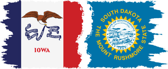 South Dakota and Iowa states grunge brush flags connection, vector