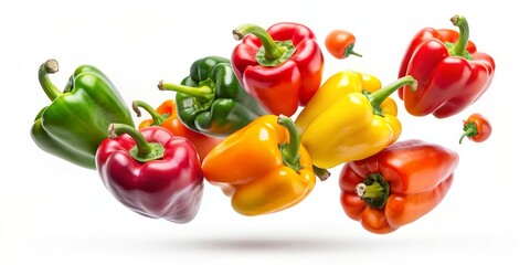 Green bell peppers in mid-air isolated on white background, cutout, selective focus