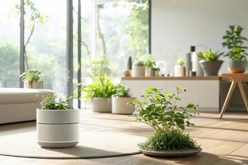 smart indoor garden with lush green plants greenery, minimalist home gardening hobby with smart technology, cozy natural lighting, micro greens for salad