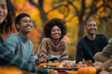 Group of diverse friends enjoying autumn picnic in park, celebrating gratitude and togetherness, black and Asian friends, Thanksgiving Day