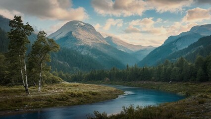 Naklejka premium morning in the mountains and river near a forest