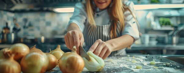 Close-up of a girl dicing onions with a chef, learning knife skills, focus on, ethereal, manipulation, modern kitchen backdrop