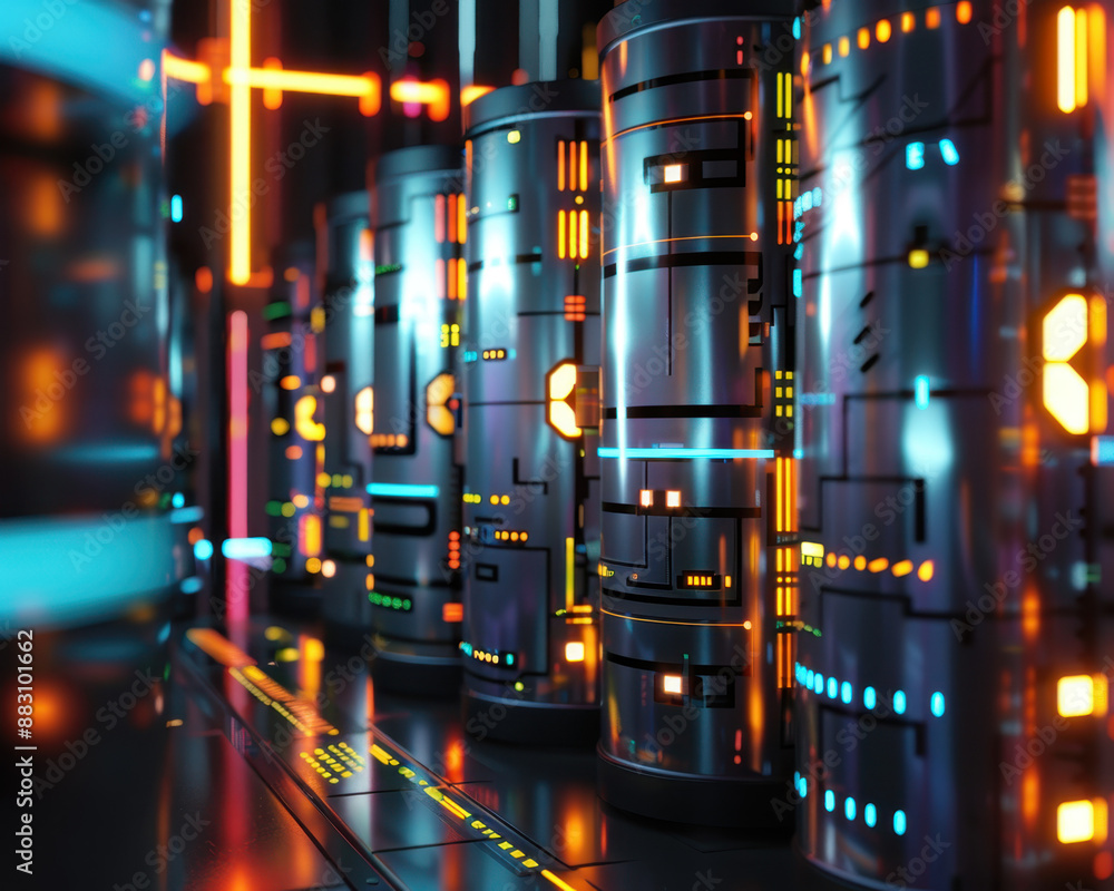 Poster futuristic server room with illuminated data storage units and neon lights in a high-tech environmen