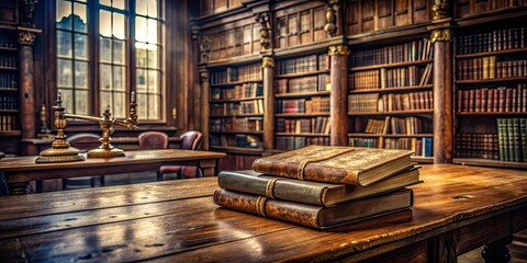 Fototapeta premium Ancient books resting on a weathered wooden desk in a historic library setting , ancient, books, wooden desk, old