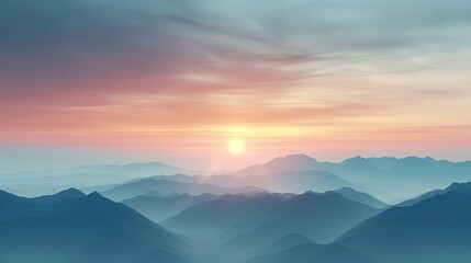 Fototapeta premium A stunning sunrise over misty mountains, with layers of blue peaks and a colorful sky, creating a serene and tranquil landscape scene.