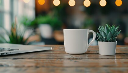 Creative Layout Collection of Inspiring Ideas Coffee Mug Mockup with Laptop and Plants on a Rustic Wooden Table, Perfect for Branding and Product Photography