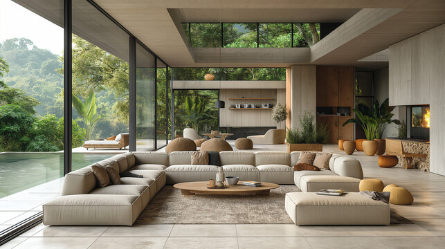 high realistic 8k living room in the Toscana with high end furniture, dark grey window frames light Minotti furniture, light tile floor, a lot of light wood, a nice terasse outside fireplace table hig