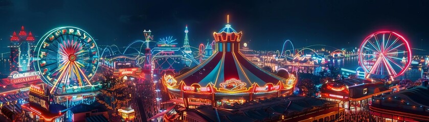 Aerial view of a lively carnival at night with neon lights and thrilling rides, Psychedelic, Neon, 3D render, exciting and dynamic nightlife scene