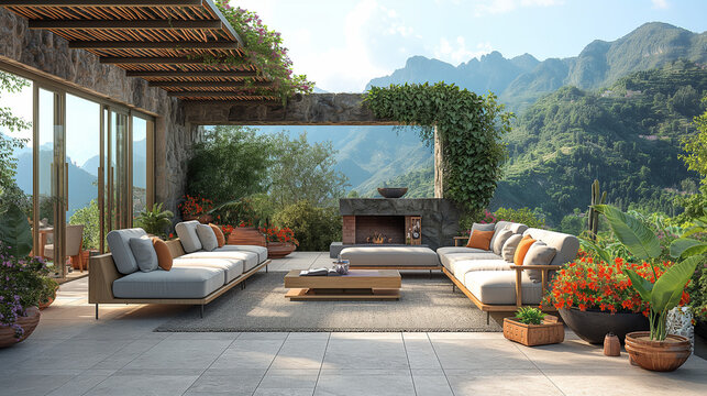 high realistic 8k living room in the Toscana with high end furniture, dark grey window frames light Minotti furniture, light tile floor, a lot of light wood, a nice terasse outside fireplace table hig