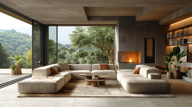 high realistic 8k living room in the Toscana with high end furniture, dark grey window frames light Minotti furniture, light tile floor, a lot of light wood, a nice terasse outside fireplace table hig