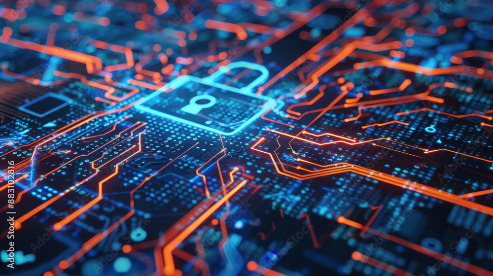 Poster digital circuit board with glowing pathways and security lock icon, representing cybersecurity and d