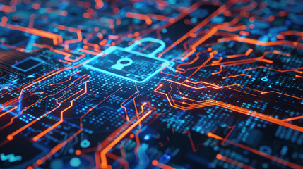 Fototapeta premium Digital circuit board with glowing pathways and security lock icon, representing cybersecurity and data protection
