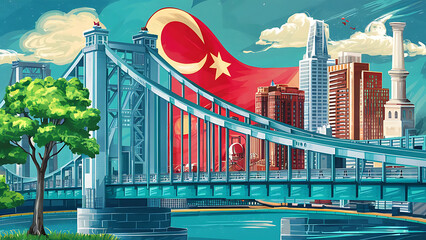 Naklejka premium Modern vintage illustration scene of a modern bridge with green tree and buildings.