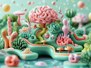 Surreal 3D Landscape with Colorful Abstract Shapes, Organic Forms, and Detailed Textures, A Vibrant Fantasy World of Imagination and Creativity