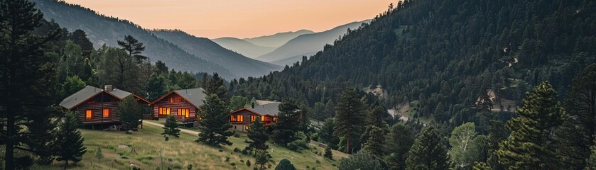 Fototapeta premium Aerial view of a serene mountain retreat with cabins nestled among trees, Fantasy, Soft Pastel, Watercolor, peaceful and idyllic escape into nature