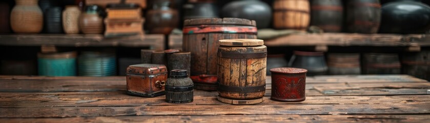 Fototapeta premium Vintage Rustic Wooden Containers Group, Rustic Farmhouse Style, Antique Decor, Old Wooden Barrels, Storage Boxes, Rustic Farmhouse Wall Decor, Rustic Farmhouse Decor, Farmhouse Wall Decor, Vintage