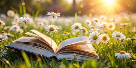 Meadow with daisies foregrounded by open book